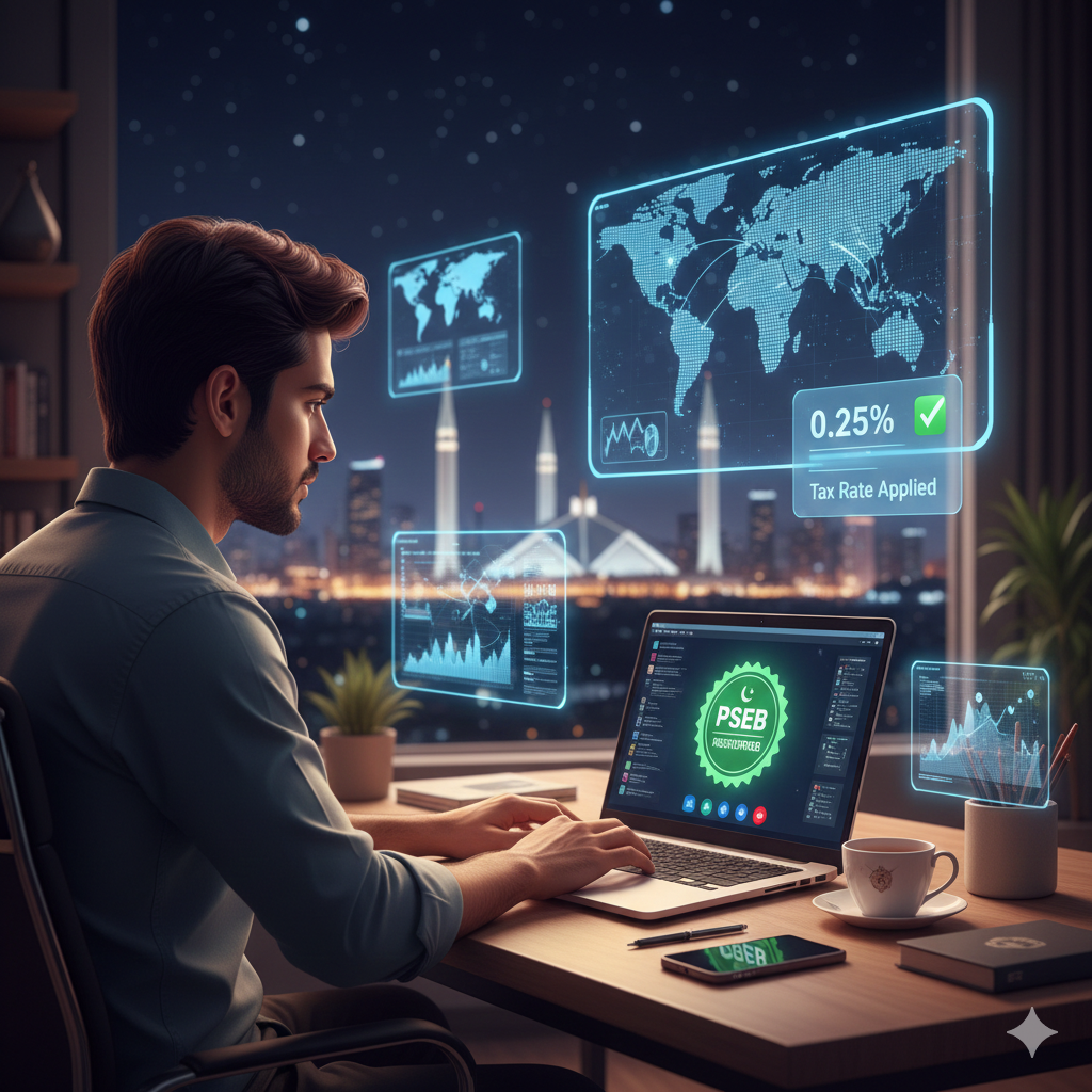 A young Pakistani freelancer working from a sleek, minimalist home studio in Islamabad at night. He is using a high-end laptop with a glowing "PSEB Registered" badge on the screen. The background shows a digital dashboard with real-time global client locations and a notification for a "0.25% Tax Rate Applied" successfully.