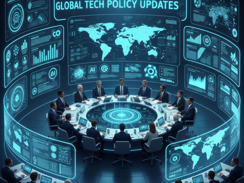 A global assembly of policymakers in a futuristic command center discussing international technology regulations and AI standards.