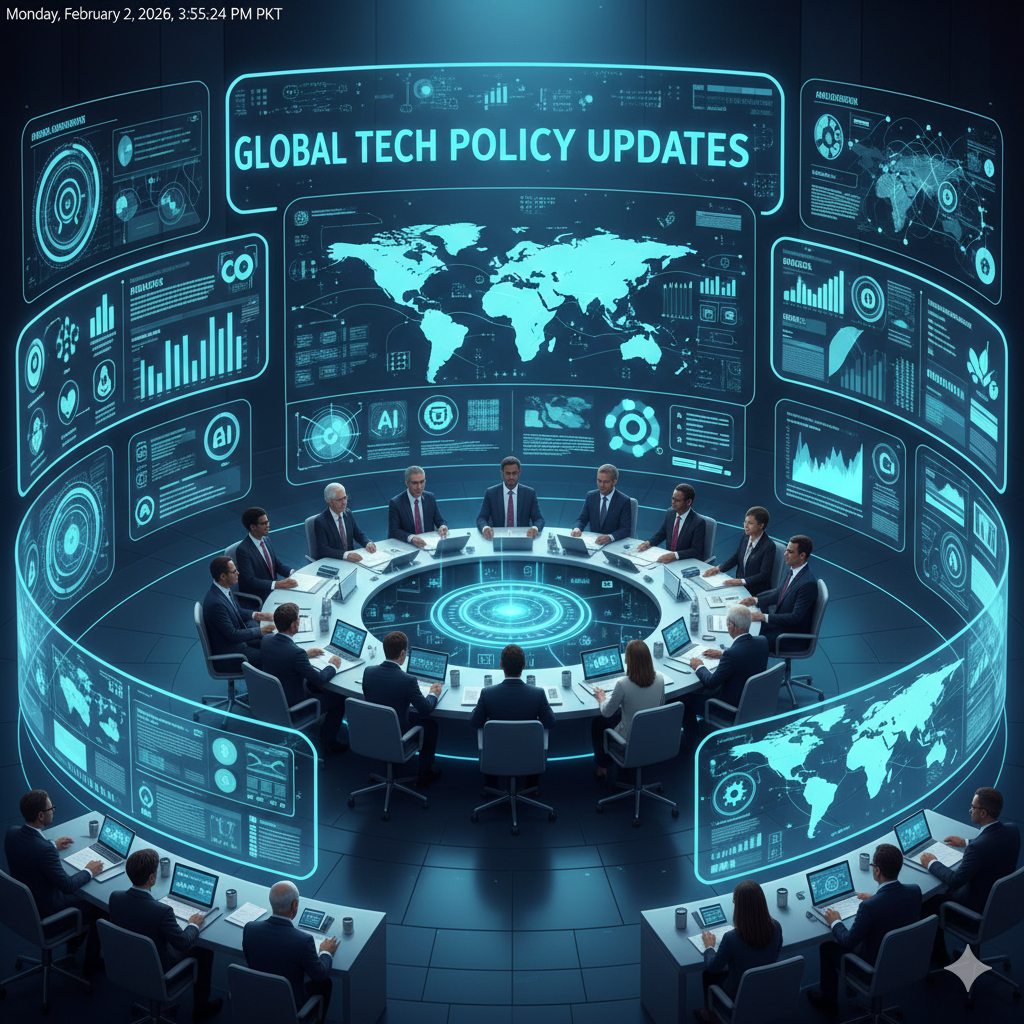 A global assembly of policymakers in a futuristic command center discussing international technology regulations and AI standards.