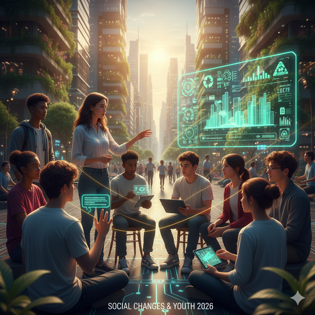 A diverse group of young leaders in a green, futuristic city park, collaborating via holographic interfaces on a community project while maintaining meaningful face-to-face interaction.