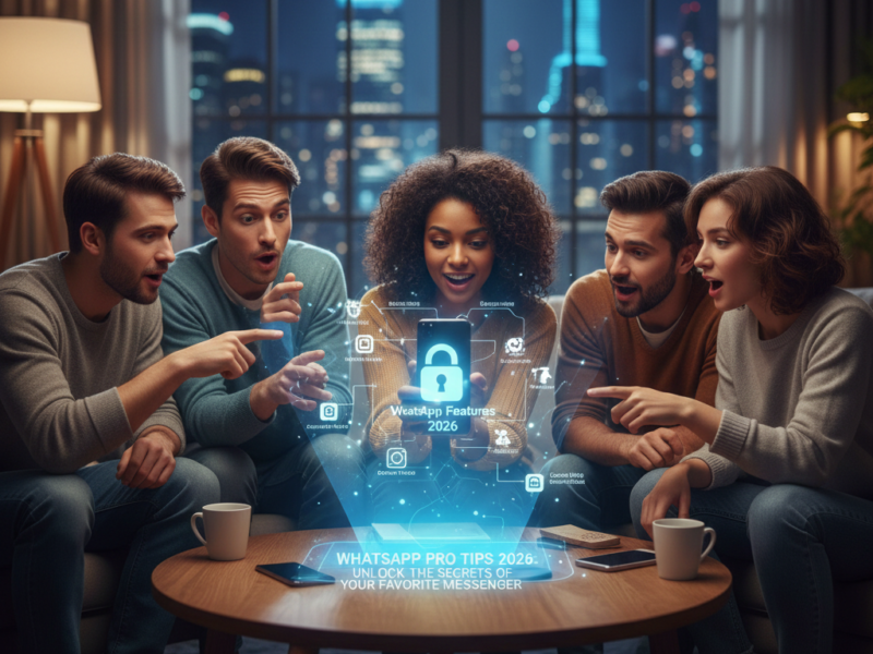 A group of friends reacting with surprise while looking at a smartphone displaying a glowing holographic interface of Whats App secret features in a modern apartment.