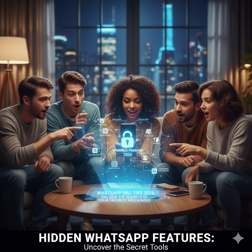 A group of friends reacting with surprise while looking at a smartphone displaying a glowing holographic interface of Whats App secret features in a modern apartment.