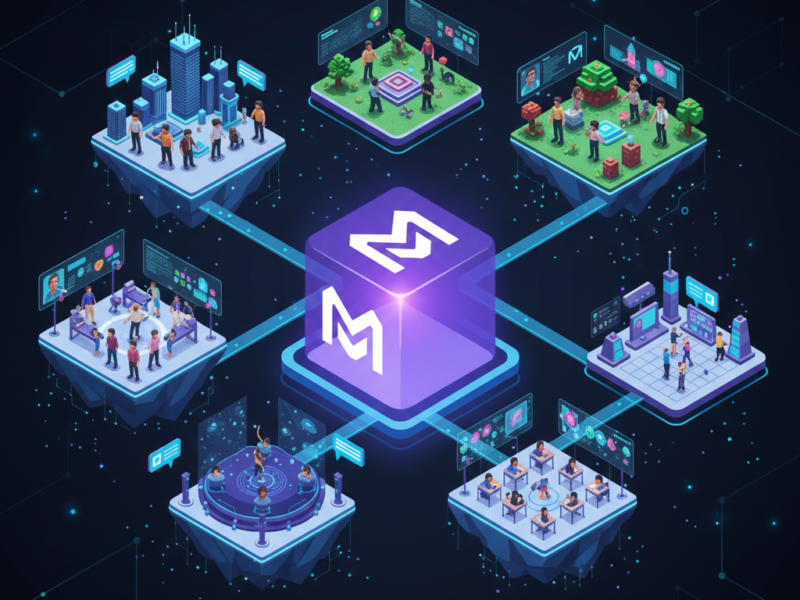 An isometric illustration showing interconnected floating islands representing different metaverse platforms, featuring users socializing, gaming, and creating in digital spaces.