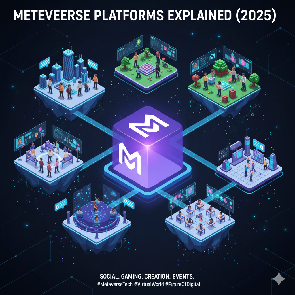 An isometric illustration showing interconnected floating islands representing different metaverse platforms, featuring users socializing, gaming, and creating in digital spaces.