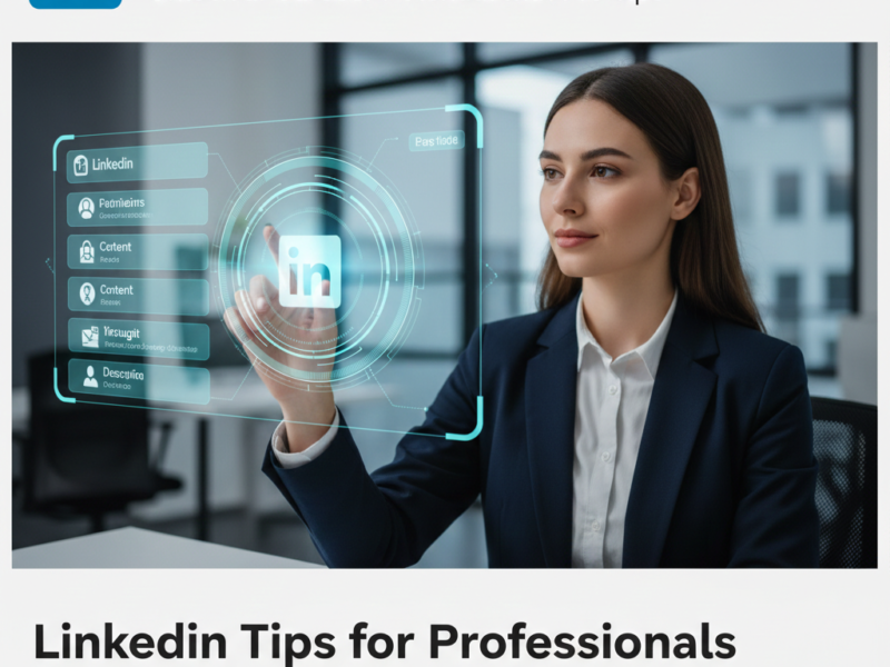 A professional woman interacting with a holographic interface to optimize her LinkedIn profile, showcasing skills and networking features.