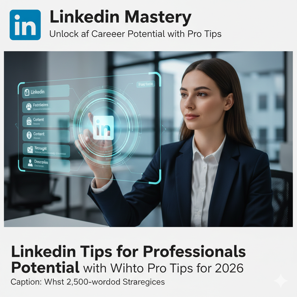 A professional woman interacting with a holographic interface to optimize her LinkedIn profile, showcasing skills and networking features.