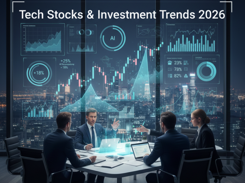 A group of professionals in suits sitting around a conference table in a high-rise office at night, looking at large holographic screens displaying glowing blue and pink stock market charts and data graphs with a city skyline visible through the window.