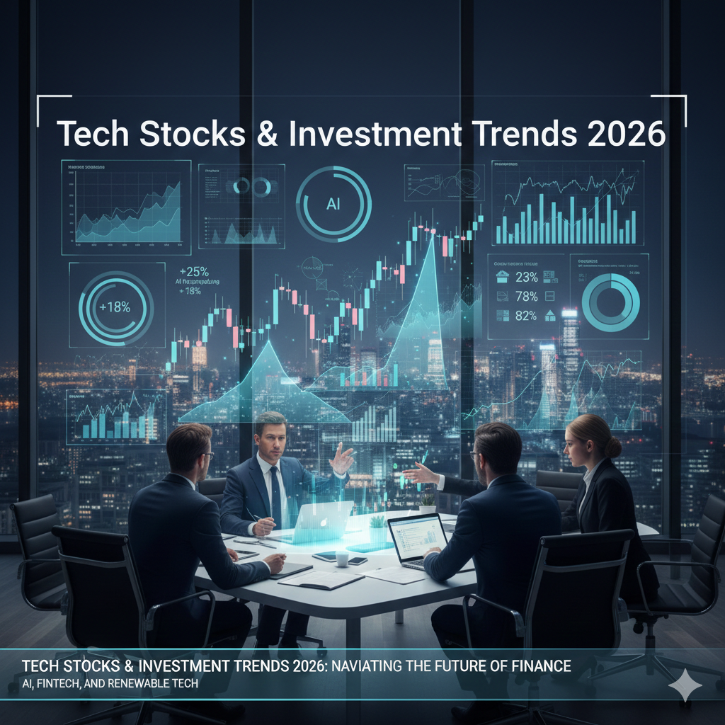 A group of professionals in suits sitting around a conference table in a high-rise office at night, looking at large holographic screens displaying glowing blue and pink stock market charts and data graphs with a city skyline visible through the window.