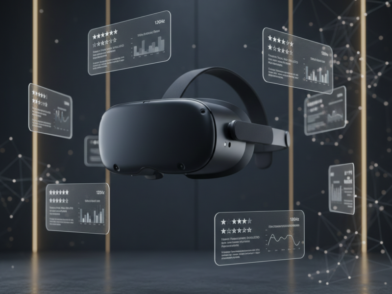 A sleek, matte-black VR headset suspended in a minimalist studio, surrounded by floating holographic data cards displaying five-star ratings and performance metrics.