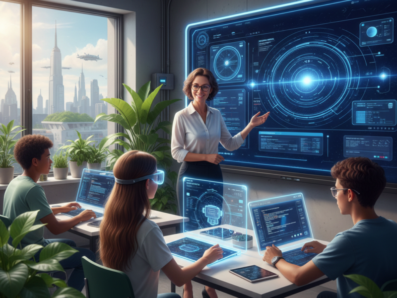 A teacher stands in a futuristic classroom with a large digital whiteboard displaying holographic data, while students at desks use laptops and VR headsets to engage with interactive learning content.