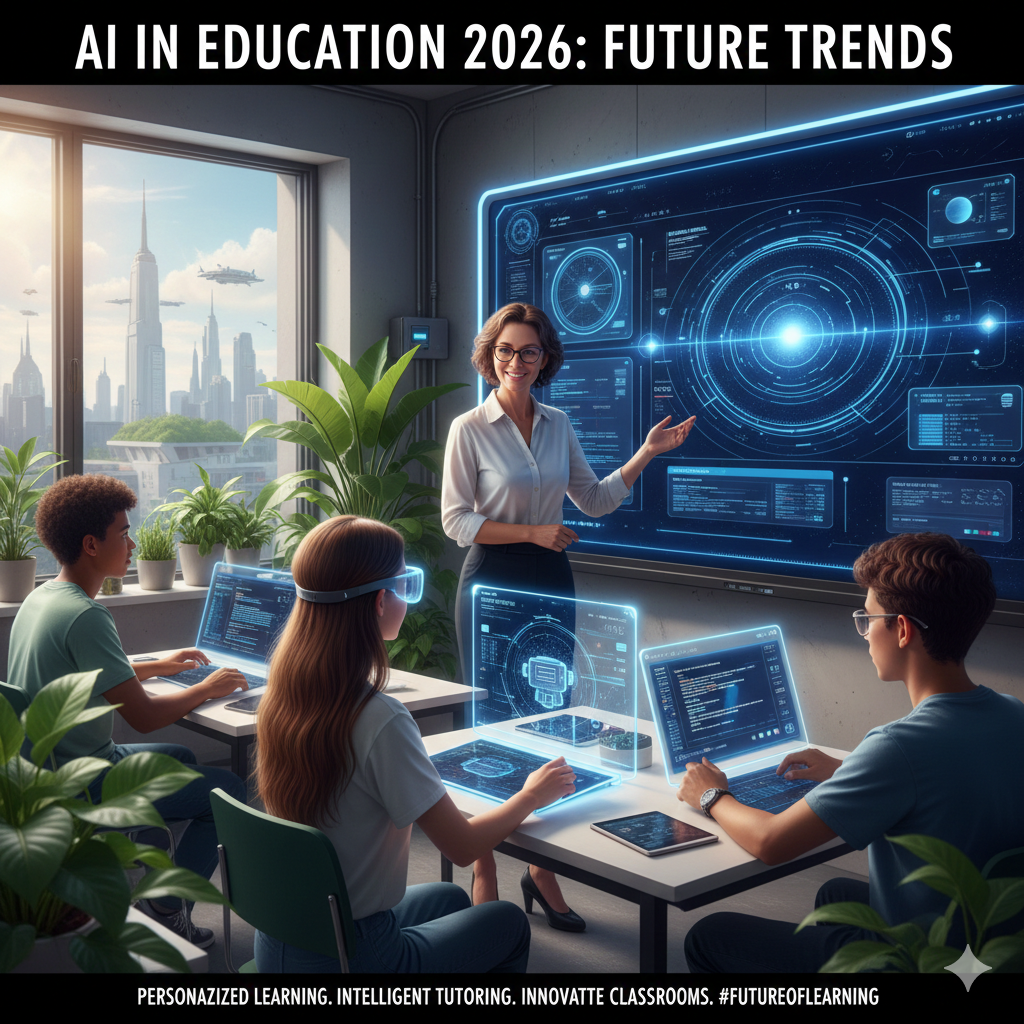 A teacher stands in a futuristic classroom with a large digital whiteboard displaying holographic data, while students at desks use laptops and VR headsets to engage with interactive learning content.