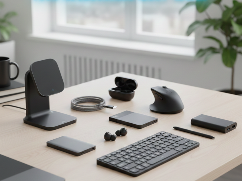 A collection of essential modern tech accessories like a wireless charger, ergonomic mouse, portable power bank, and sleek keyboard on a desk.