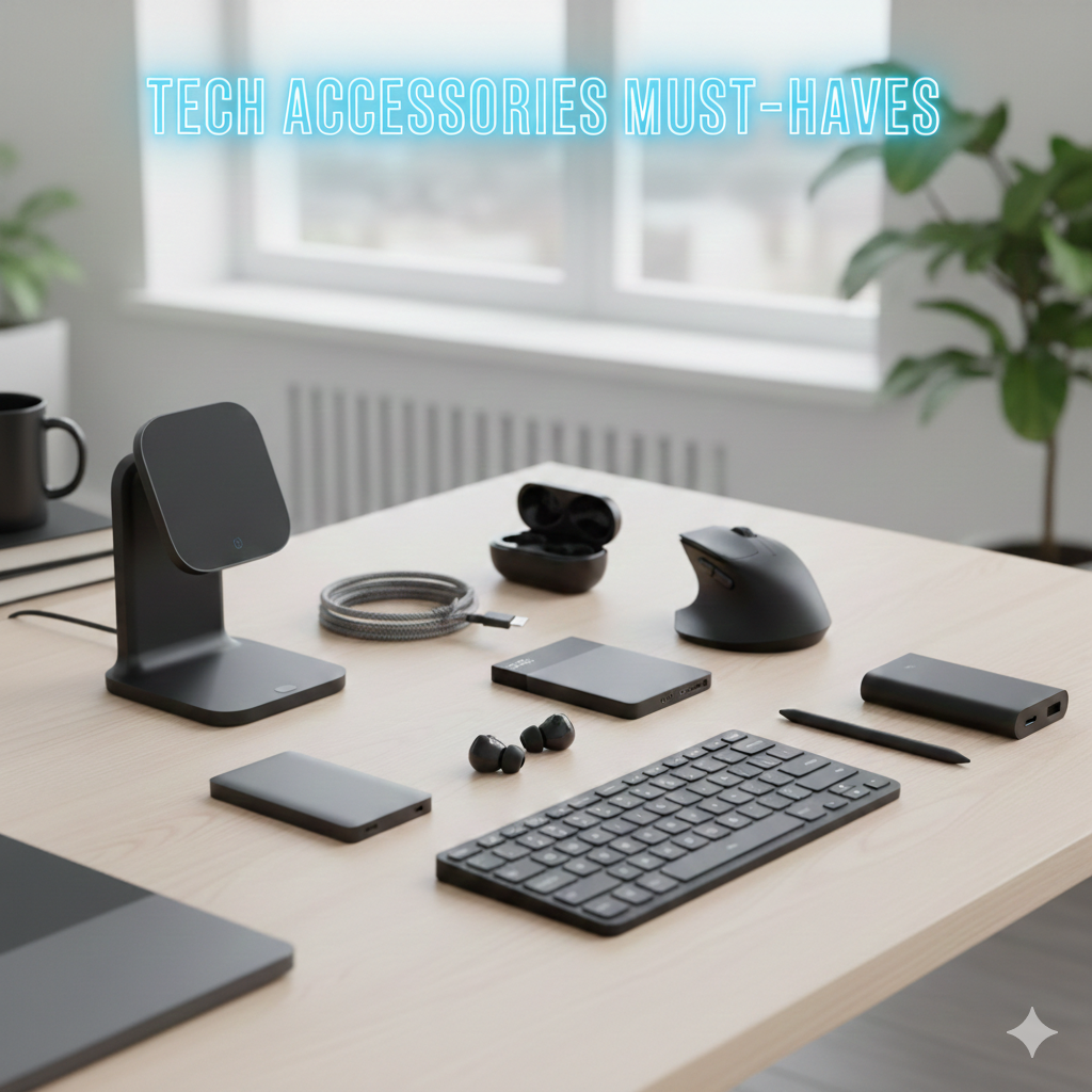 A collection of essential modern tech accessories like a wireless charger, ergonomic mouse, portable power bank, and sleek keyboard on a desk.