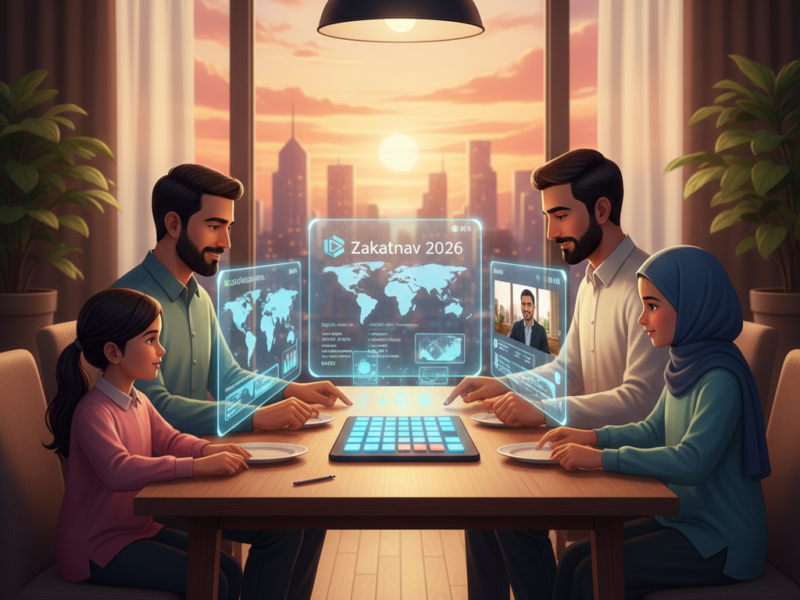 A family sitting around a table using a glowing holographic interface to calculate Zakat and view global impact maps.