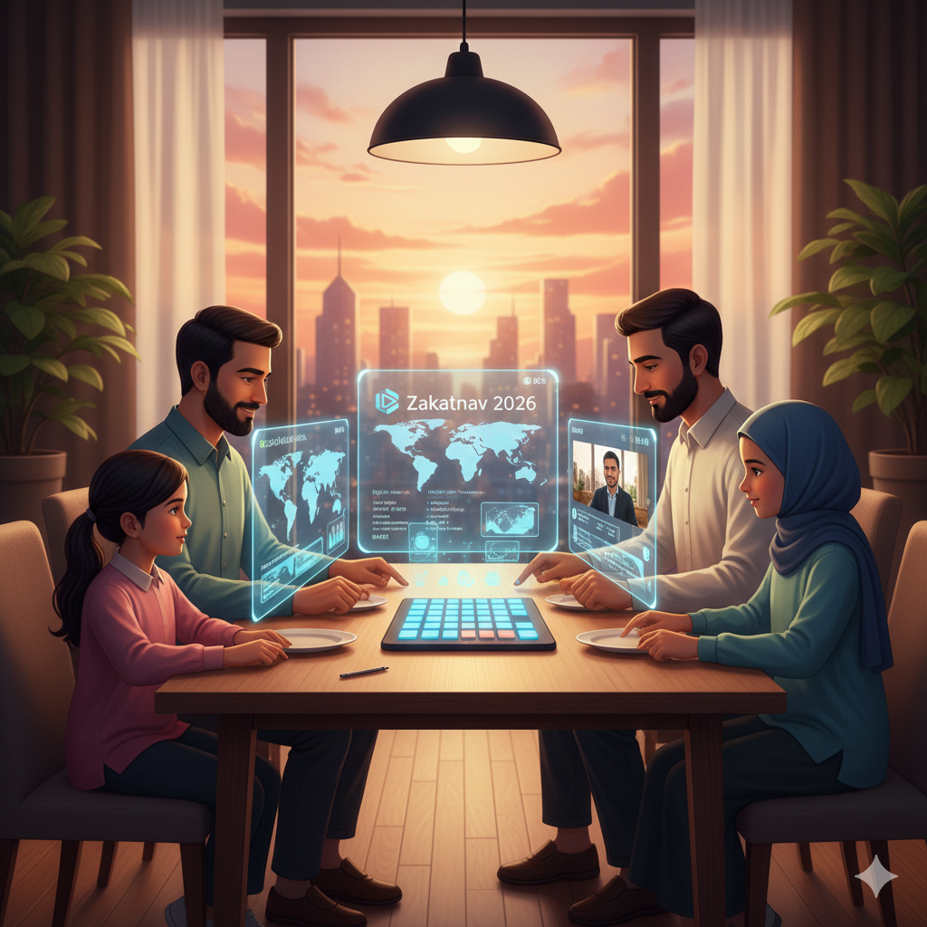 A family sitting around a table using a glowing holographic interface to calculate Zakat and view global impact maps.