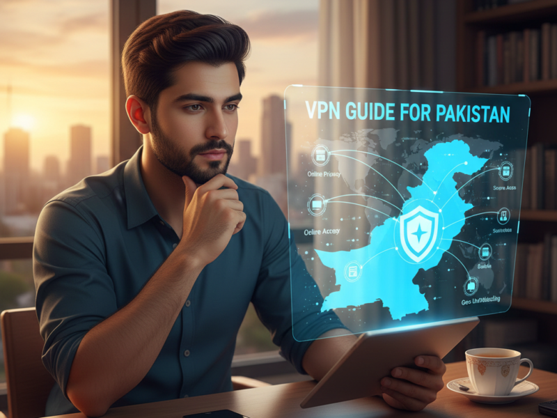 A man in a modern office looking at a holographic projection of a map of Pakistan, which shows secure server connections for private browsing.