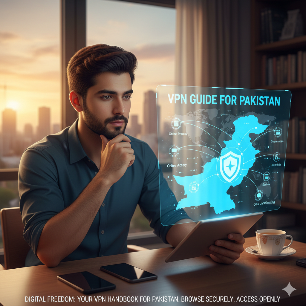 A man in a modern office looking at a holographic projection of a map of Pakistan, which shows secure server connections for private browsing.