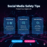 A digital safety infographic with icons for privacy settings, scam recognition, and online well-being against a glowing circuit background.