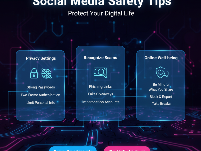 A digital safety infographic with icons for privacy settings, scam recognition, and online well-being against a glowing circuit background.