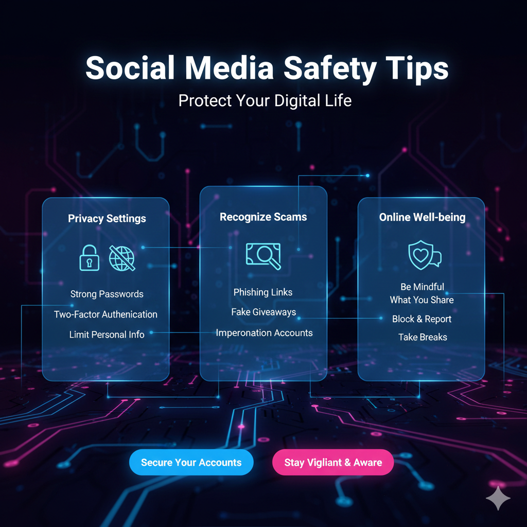 A digital safety infographic with icons for privacy settings, scam recognition, and online well-being against a glowing circuit background.