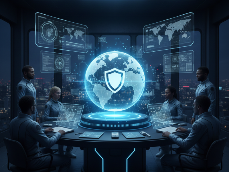 A specialized security team analyzing threats on a holographic globe inside a high-tech command center overlooking a city skyline.