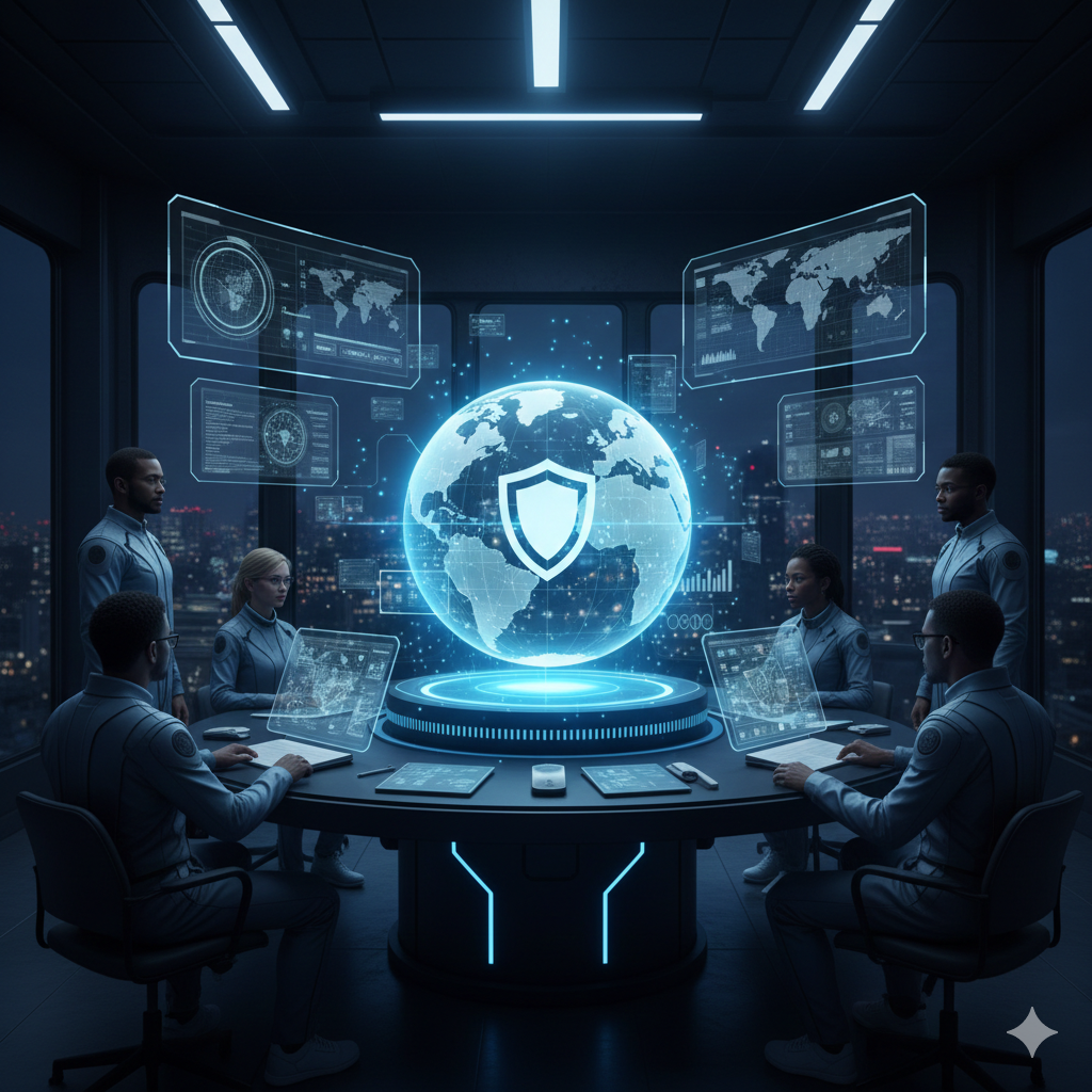 A specialized security team analyzing threats on a holographic globe inside a high-tech command center overlooking a city skyline.