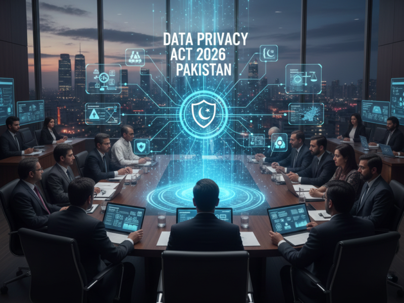 Pakistani corporate executives sitting around a conference table analyzing a glowing holographic interface showing data security metrics and the national data privacy logo.