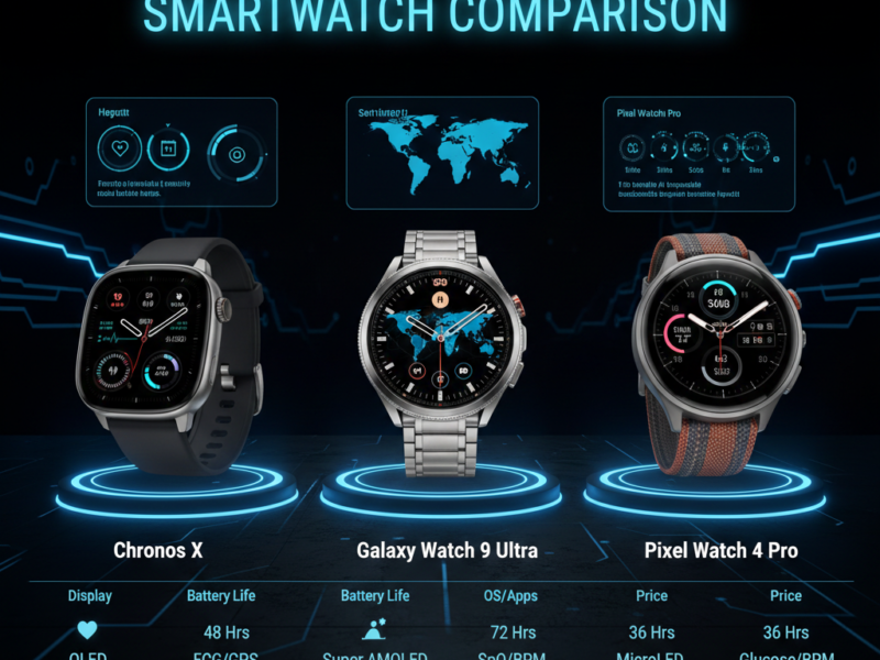 A side-by-side visual comparison of three different premium smartwatches, showing their unique designs and key technical specifications.