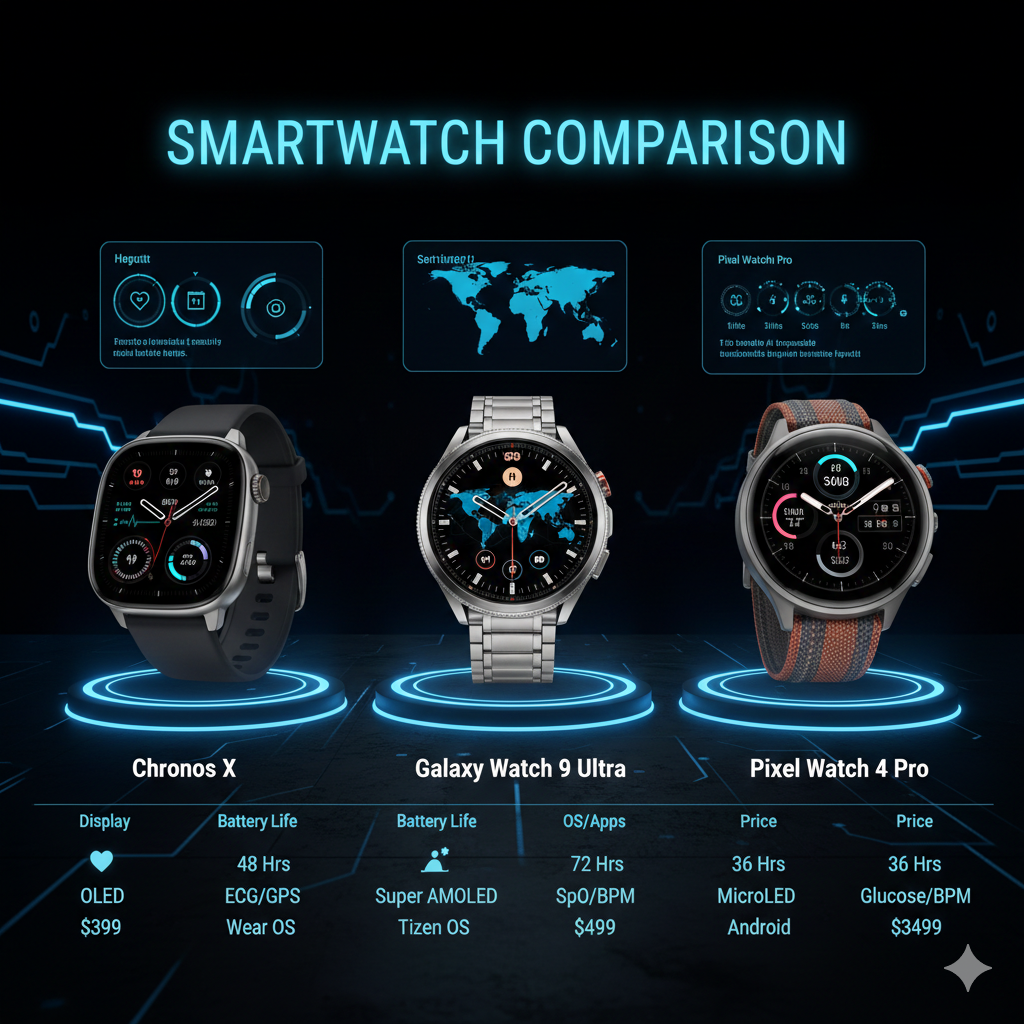 A side-by-side visual comparison of three different premium smartwatches, showing their unique designs and key technical specifications.