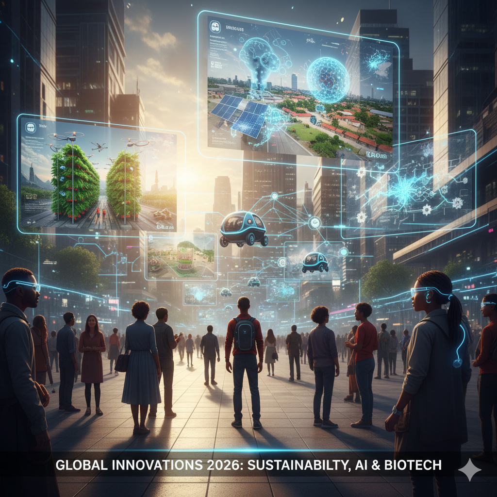 A bustling, futuristic city square with diverse people looking at large holographic screens showing vertical farming, AI-driven medical diagnostics, and clean energy solutions.