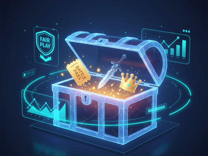 A glowing, neon-blue wireframe treasure chest containing a golden battle pass, sword, and crown, surrounded by holographic "Fair Play" badges and data charts.