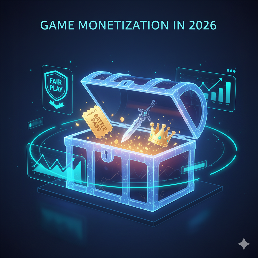 A glowing, neon-blue wireframe treasure chest containing a golden battle pass, sword, and crown, surrounded by holographic "Fair Play" badges and data charts.