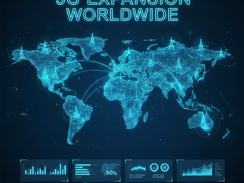 A digital world map illustrating global 5G network coverage with glowing blue connection lines and signal towers.