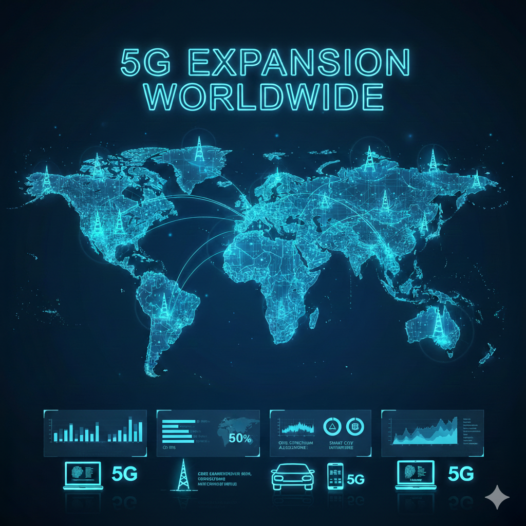 A digital world map illustrating global 5G network coverage with glowing blue connection lines and signal towers.