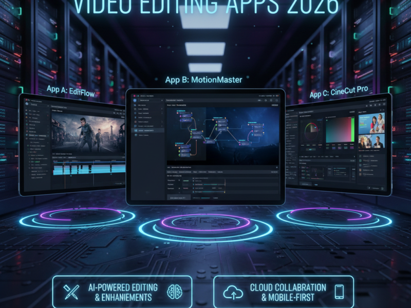 Three tablets showcasing futuristic video editing app interfaces with AI timeline features, color grading tools, and cloud collaboration options in a high-tech server room setting.