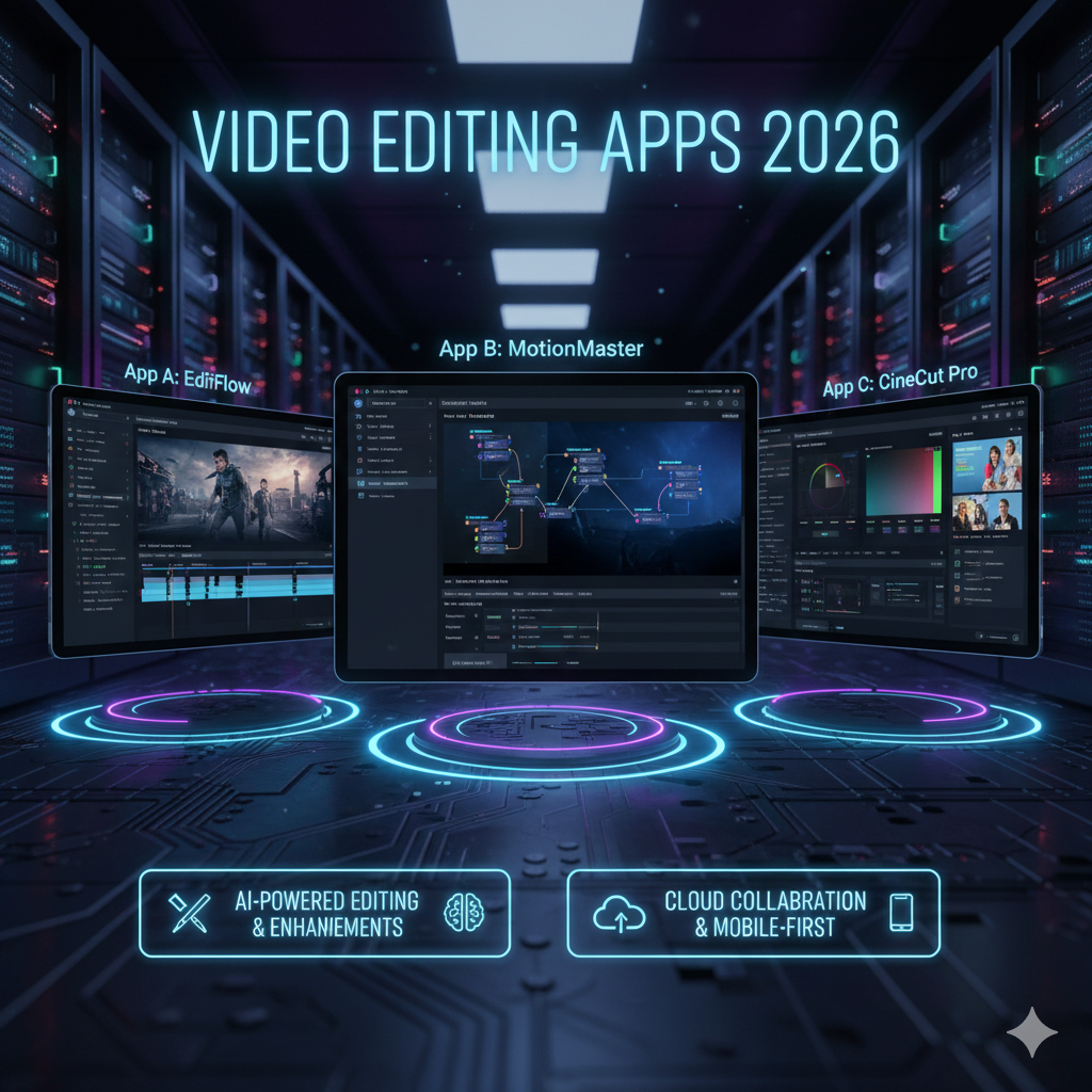 Three tablets showcasing futuristic video editing app interfaces with AI timeline features, color grading tools, and cloud collaboration options in a high-tech server room setting.