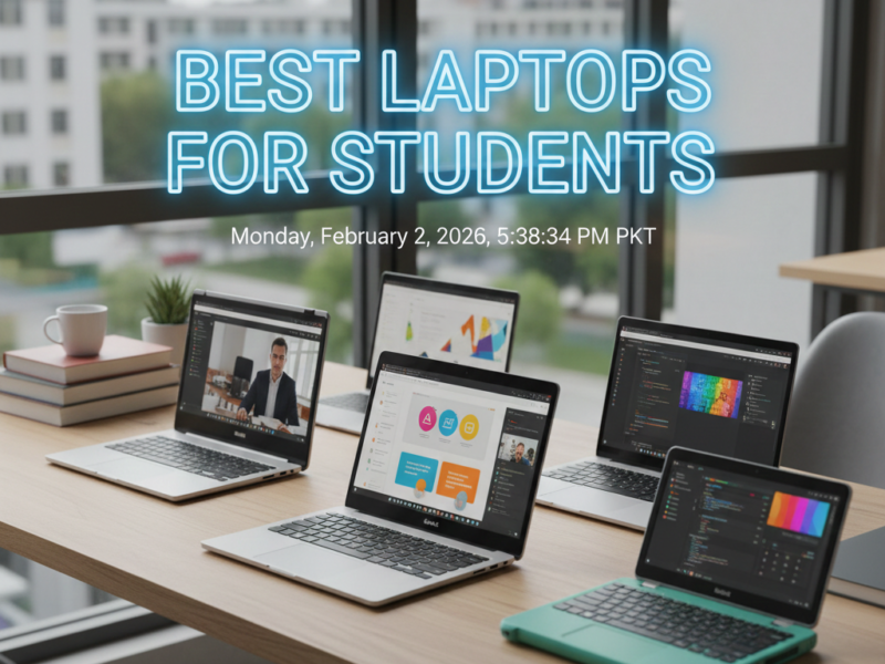 A variety of modern, sleek laptops arranged on a wooden desk in a bright student study area with a window view.