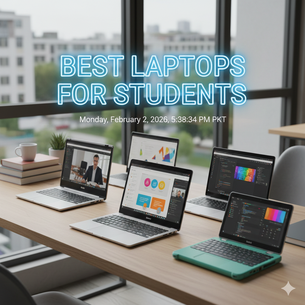 A variety of modern, sleek laptops arranged on a wooden desk in a bright student study area with a window view.