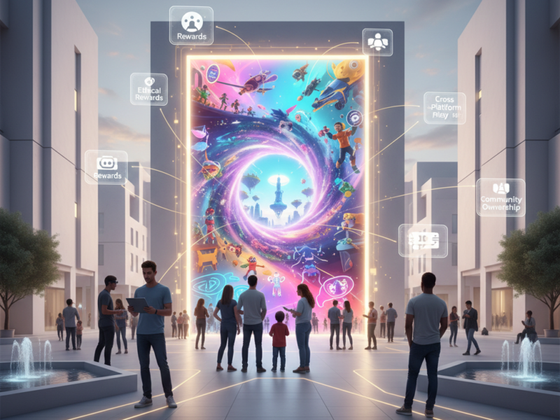 A diverse group of people in a bright, modern plaza looking at a massive, glowing golden portal that reveals a vibrant multi-genre gaming universe.