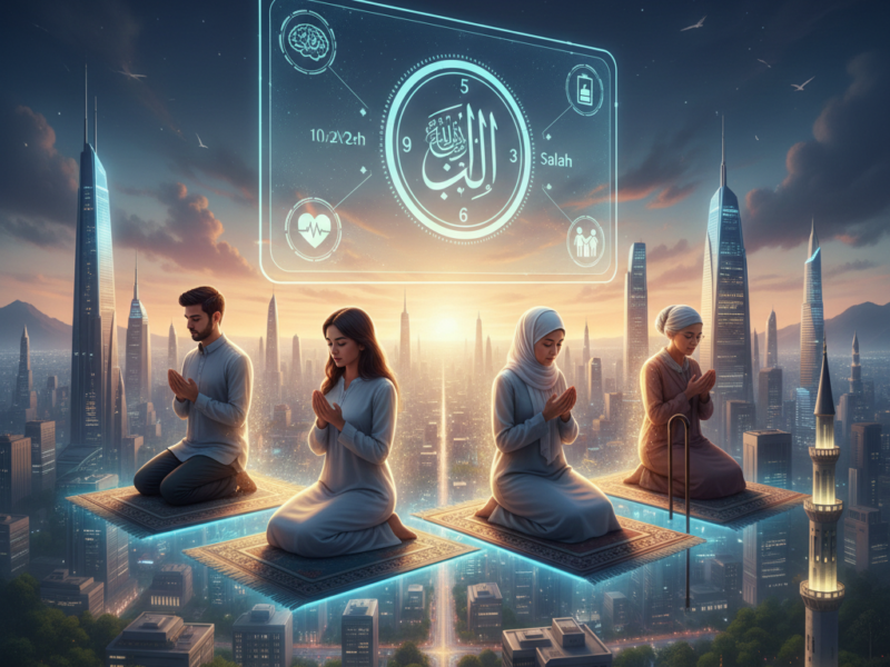 A diverse group of people in serene prayer positions on floating prayer rugs above a bustling, futuristic 2026 city, with a glowing holographic clock displaying the five daily prayer times as a spiritual anchor.