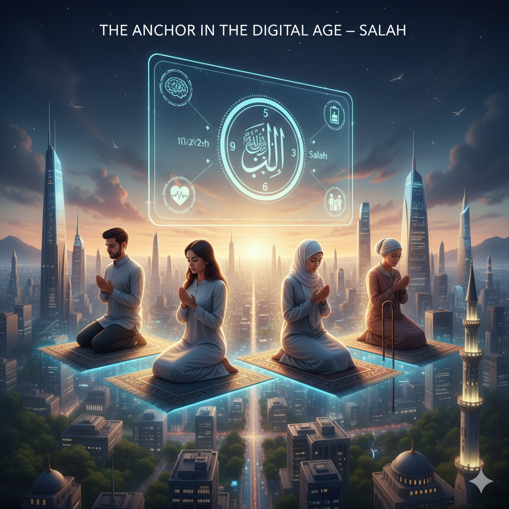 A diverse group of people in serene prayer positions on floating prayer rugs above a bustling, futuristic 2026 city, with a glowing holographic clock displaying the five daily prayer times as a spiritual anchor.