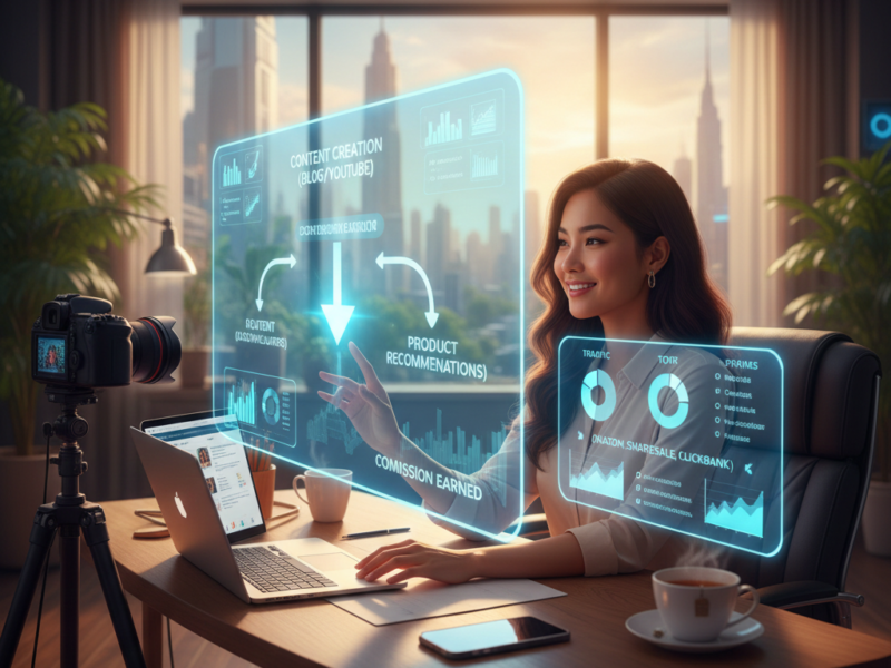 A professional female digital marketer in a bright, modern office, interacting with a glowing holographic flow chart that visualizes the affiliate journey: "Content Creation (Blog/YouTube)" leading to "Product Recommendations" and culminating in "Commission Earned," with a DSLR camera and laptop in the setup.