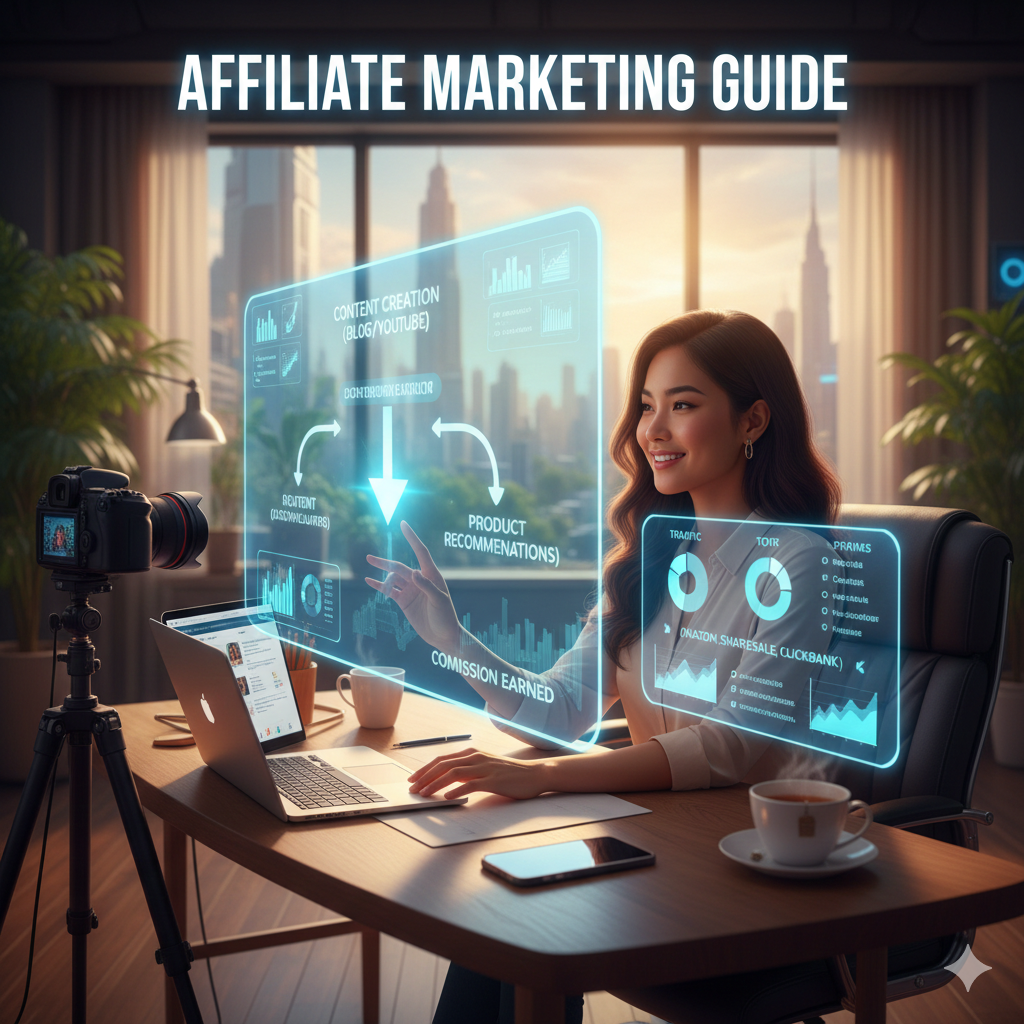 A professional female digital marketer in a bright, modern office, interacting with a glowing holographic flow chart that visualizes the affiliate journey: "Content Creation (Blog/YouTube)" leading to "Product Recommendations" and culminating in "Commission Earned," with a DSLR camera and laptop in the setup.