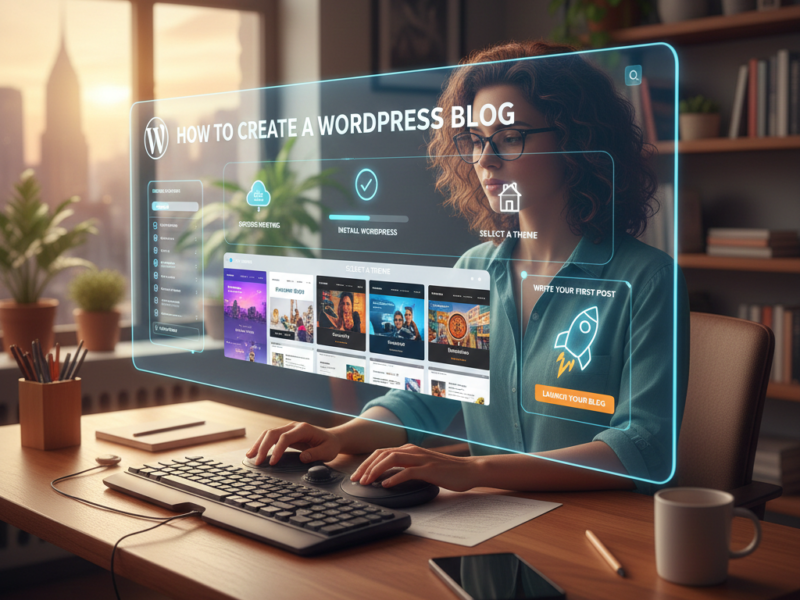 A female creator in a sunlit home office using a holographic interface to set up a WordPress blog, showing steps like "Install WordPress," "Select a Theme," and "Write Your First Post" floating above a modern ergonomic keyboard.