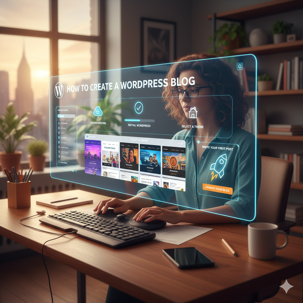 A female creator in a sunlit home office using a holographic interface to set up a WordPress blog, showing steps like "Install WordPress," "Select a Theme," and "Write Your First Post" floating above a modern ergonomic keyboard.
