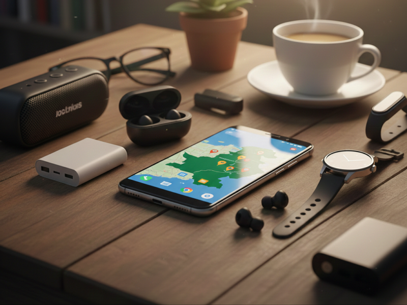 A close-up shot of a table displaying various budget electronics, including a smartphone, wireless earbuds, and a power bank, against a softly lit background.