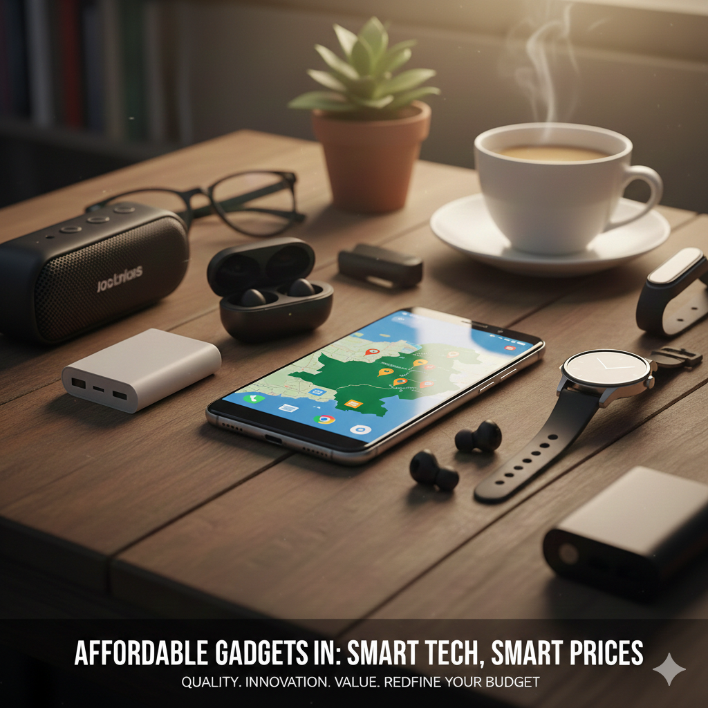 A close-up shot of a table displaying various budget electronics, including a smartphone, wireless earbuds, and a power bank, against a softly lit background.