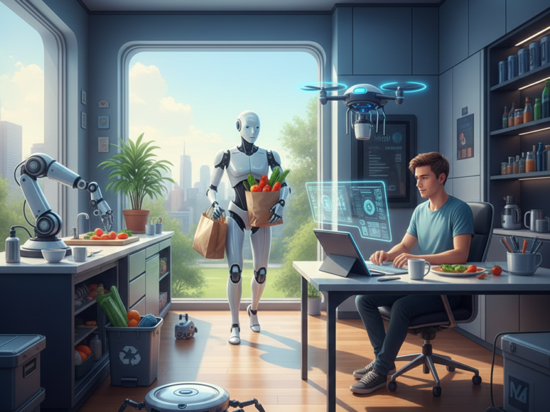 A modern smart home interior where various robots assist a person with groceries, cleaning, and meal prep.
