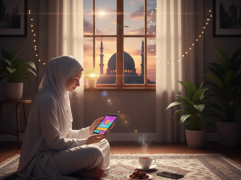 A Muslim couple sitting on a prayer rug in a modern living room, looking at a digital tablet together with a mosque visible through the window at sunset.