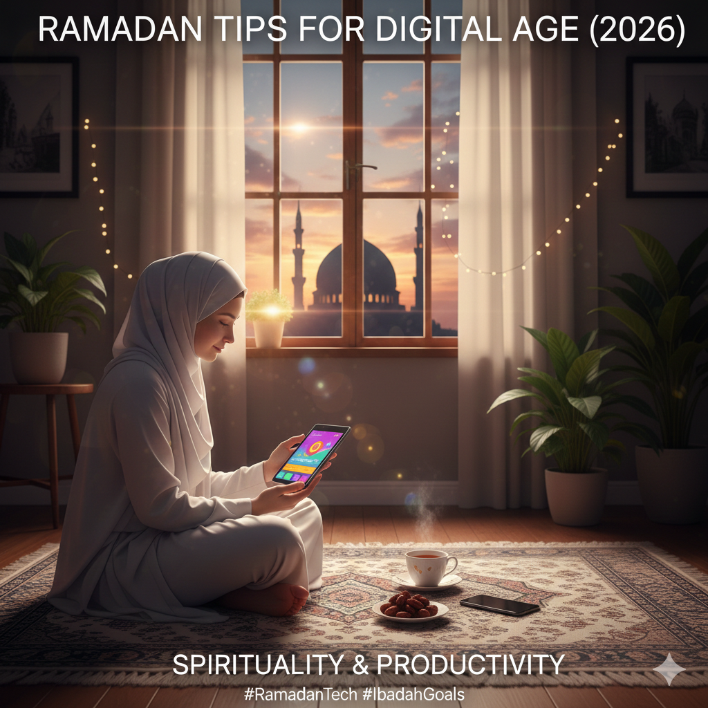 A Muslim couple sitting on a prayer rug in a modern living room, looking at a digital tablet together with a mosque visible through the window at sunset.